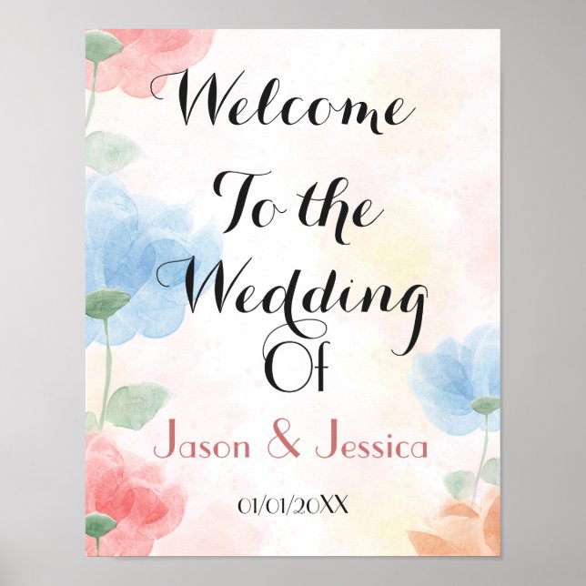 Poster Aquarelle mariage fleuri signe de bienvenue (Devant)