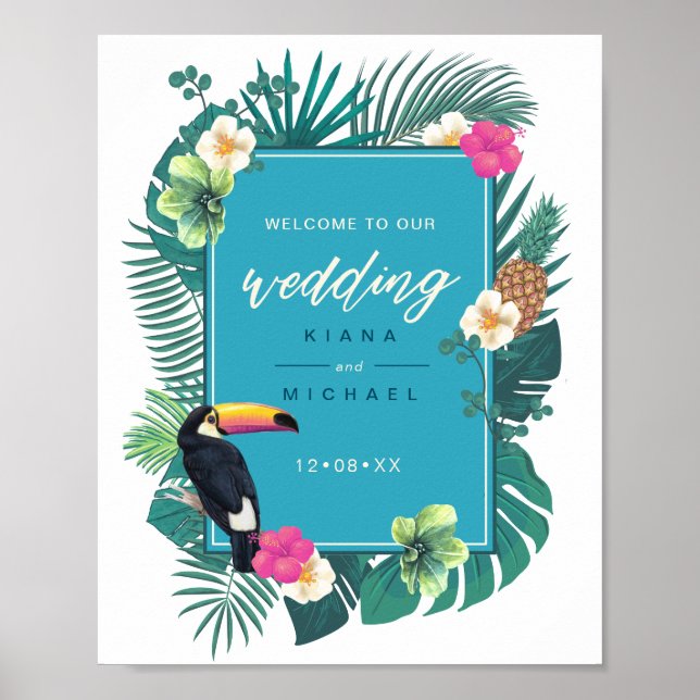 Poster Aquarelle Mariage tropical Bienvenue ID Turquoise5 (Devant)