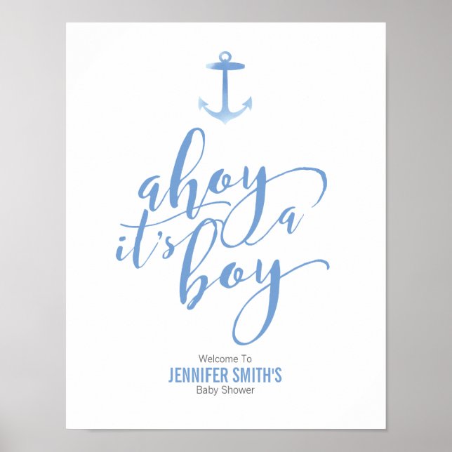 Poster Aquarelle marine Ancre Baby shower bleu Welcom (Devant)