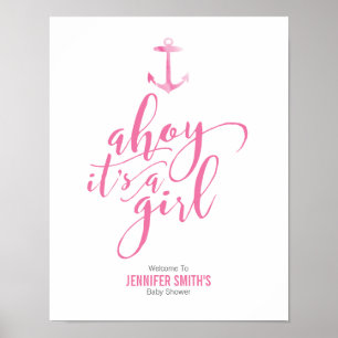 Poster Aquarelle marine Ancre Baby shower rose Welcom
