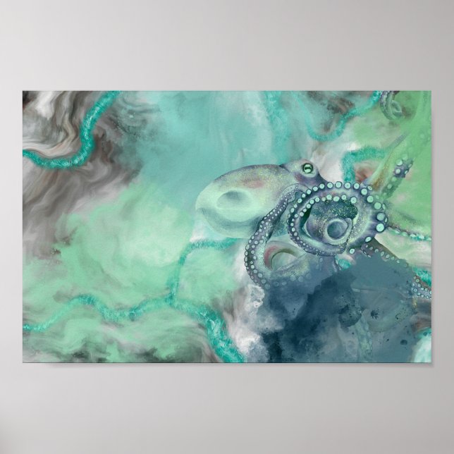 Poster Aquarelle marine Aqua Ocean Octopus (Devant)