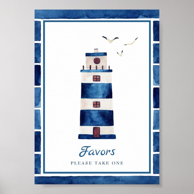 Poster Aquarelle Marine Bleu phare Faveurs nautiques (Devant)