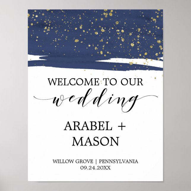 Poster Aquarelle marine et or Mariage étincelle Bienvenue (Devant)