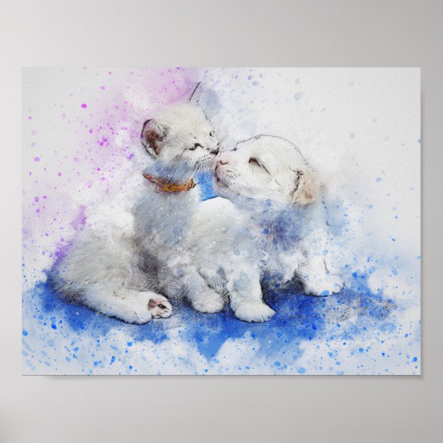 Poster Aquarelle Mélange Média Kitts & Puppy Kisses (Devant)