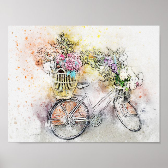 Poster Aquarelle Mélange Média Vélo & Fleurs 1 (Devant)
