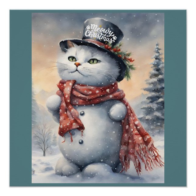 Poster Aquarelle Meowen Noël mignonne Chat Snowman (Devant)