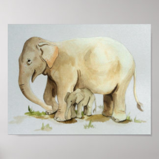 Poster Aquarelle mère et bébé éléphant Imprimer 11x8.5