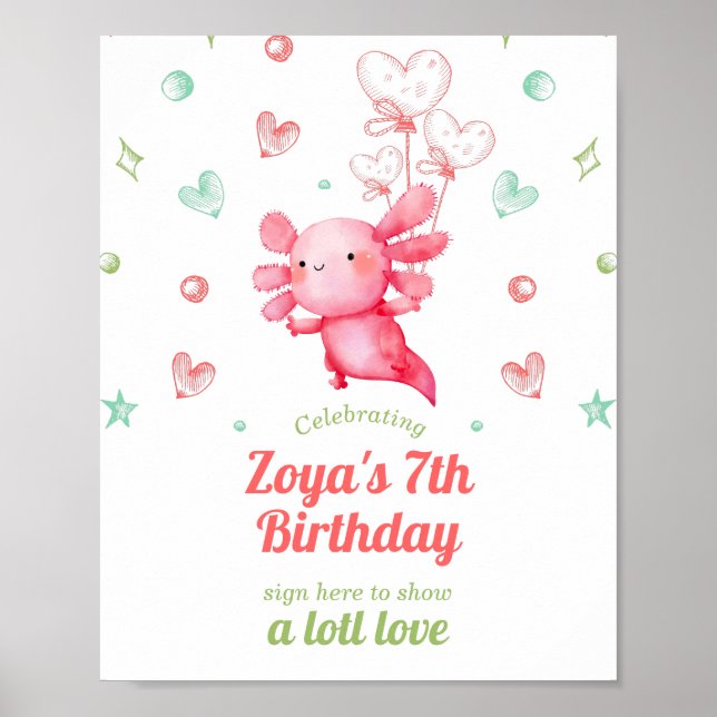 Poster Aquarelle mignonne Pink Axolotl Signalisation Anni (Devant)