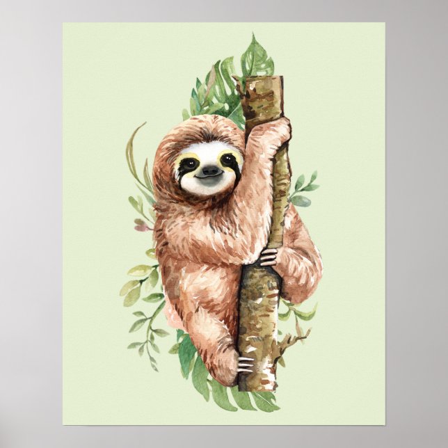 Poster Aquarelle mignonne Sloth & Feuilles tropicaux (Devant)