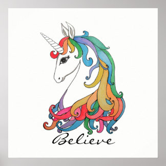 Poster Aquarelle mignonne unicorne arc-en-ciel