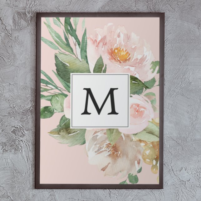 Poster Aquarelle moderne Fleurs roses Monogrammes (Créateur téléchargé)