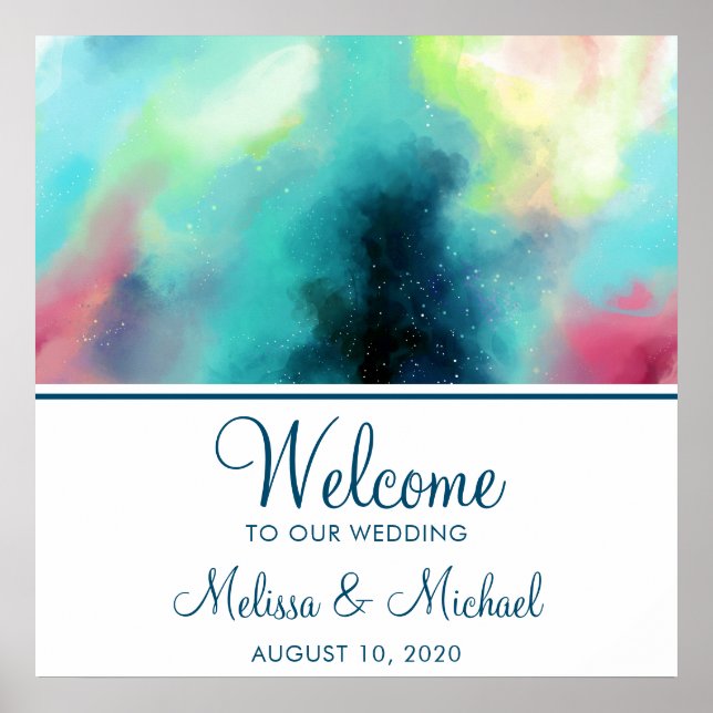 Poster Aquarelle moderne Green & Red Space Nebula (Devant)