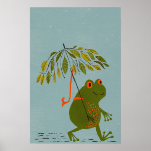 Poster Aquarelle moderne grenouille verte & parapluie feu