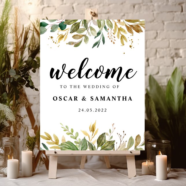 Poster Aquarelle moderne verte Feuilles et gouttes d'or (Créateur téléchargé)