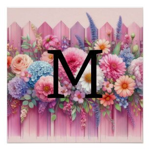 Poster Aquarelle monogramme pastel fleurs sur bois rose
