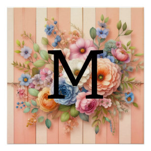 Poster Aquarelle monogramme pastel fleurs sur le bois ora