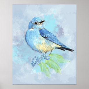 Poster Aquarelle Montagne Bluebird Oiseau Nature Art