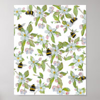 Aquarelle motif jardin fleurit et bourdons