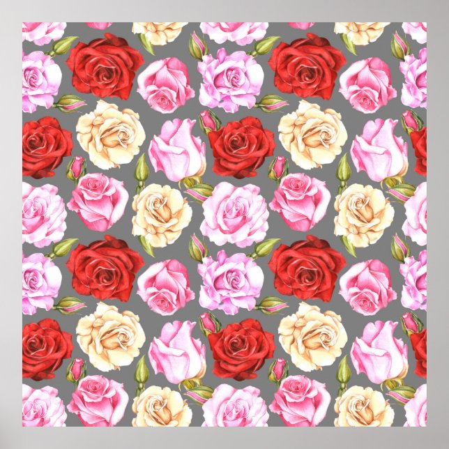 Poster Aquarelle motif sans couture avec roses. Sans fil (Devant)