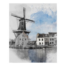 Aquarelle Moulin à vent des Pays-Bas – Néerlandais
