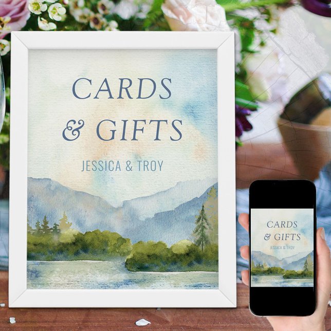 Poster Aquarelle Mountain Lake Dusty Blue Cartes et cadea (Créateur téléchargé)