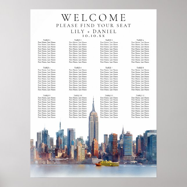 Poster Aquarelle New York City Mariage Carte de siège (Devant)