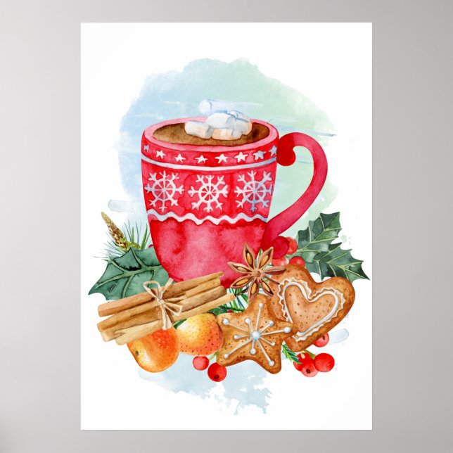 Poster Aquarelle Noël Chocolat chaud Marshmallow (Devant)