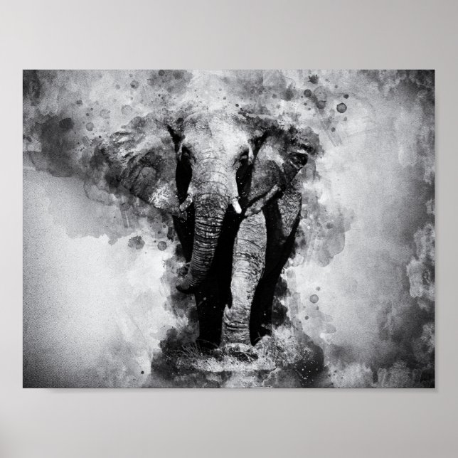 Poster Aquarelle noire et blanche africaine Eléphant (Devant)
