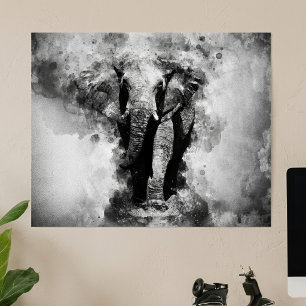 Poster Aquarelle noire et blanche africaine Eléphant