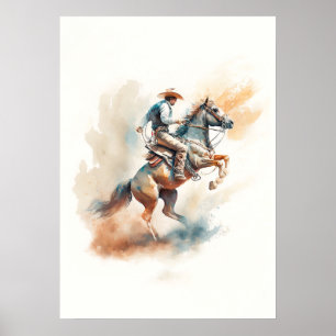Poster Aquarelle occidentale poussiéreuse « Bucking Bronc