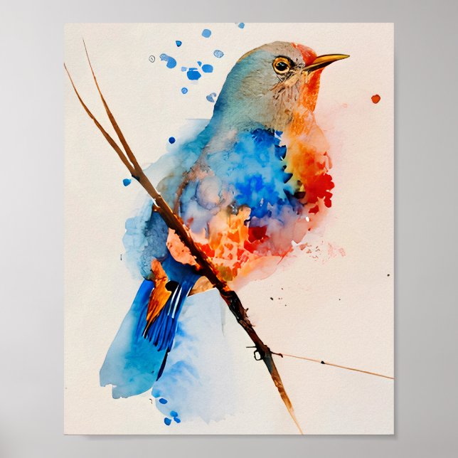 Poster Aquarelle Oiseau Peinture Toile Mur Art Bleu Oisea (Devant)