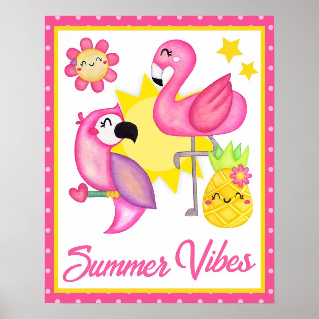 Poster Aquarelle Oiseaux tropicaux rose et jaune été (Devant)