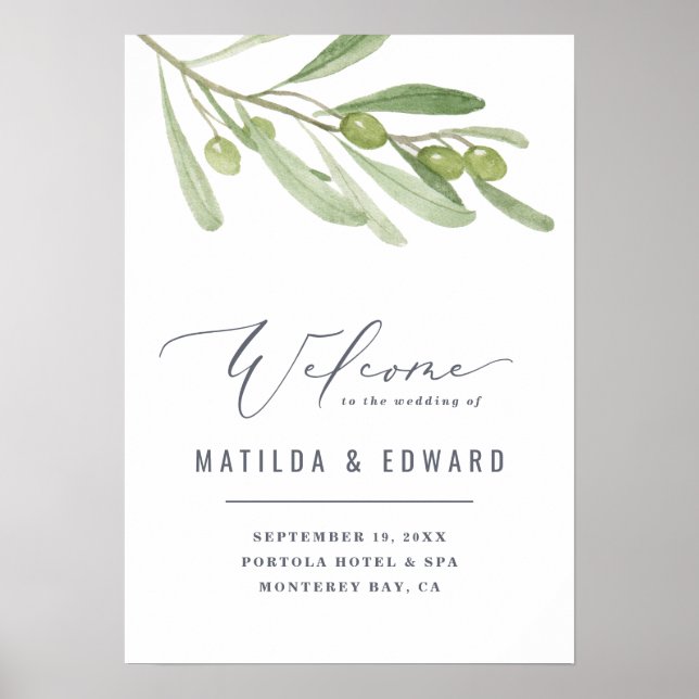 Poster Aquarelle olives branche bienvenue à notre mariage (Devant)