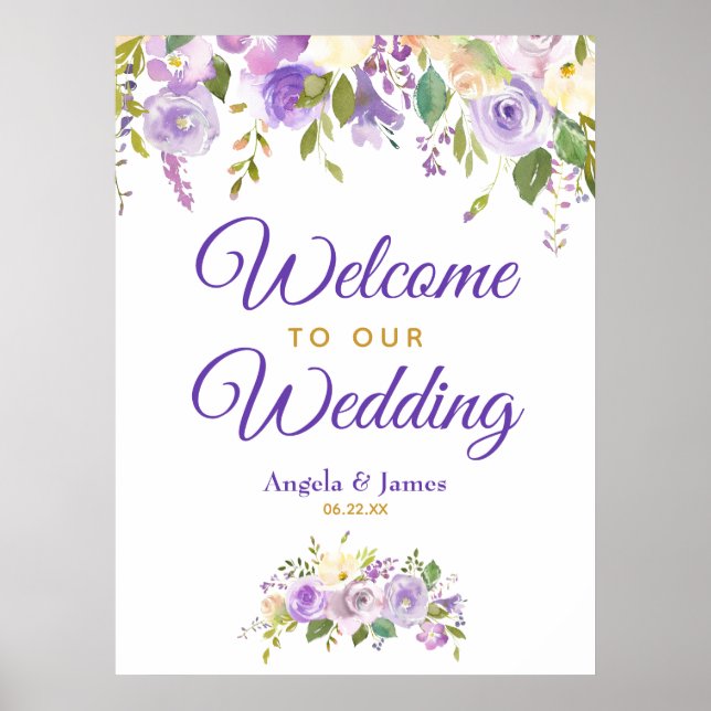 Poster Aquarelle or violet Mariage Floral Bienvenue (Devant)