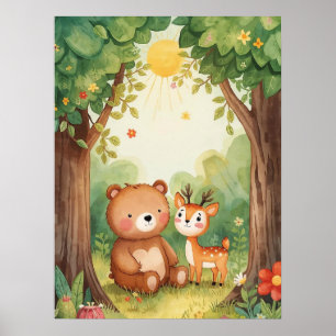 Poster Aquarelle Ours Mignon et Cerf Art de Nurserie de l