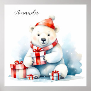 Poster Aquarelle Ours Polaire Blanc Noël Mignon