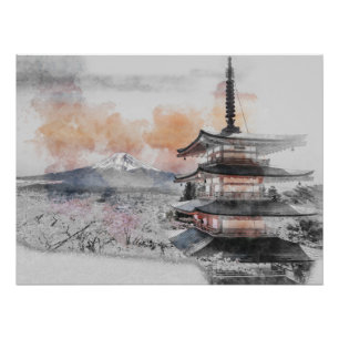 Poster Aquarelle Pagode japonaise & Mont Fuji