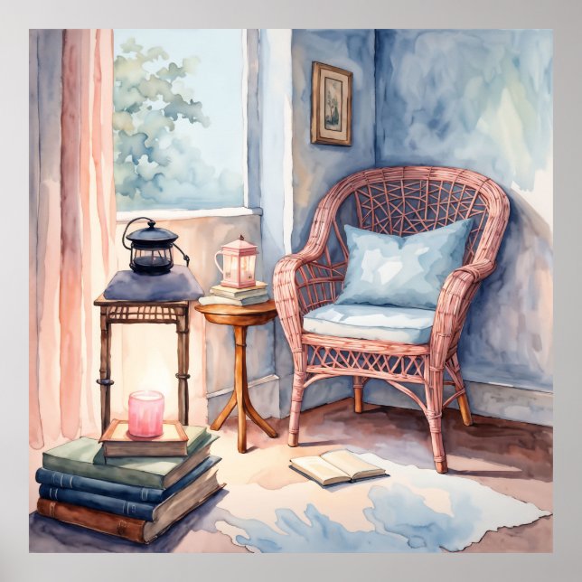 Poster Aquarelle paisible Lecture Nook Art (Devant)
