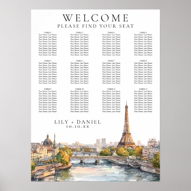 Poster Aquarelle Paris France Mariage Carte de siège (Devant)