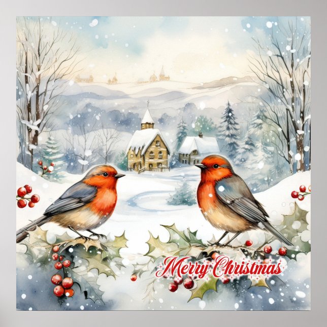 Poster Aquarelle pastorale Chrismtas scène deux robins (Devant)