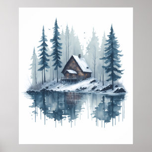 Poster Aquarelle paysage neigeux avec Cabine Lakeside