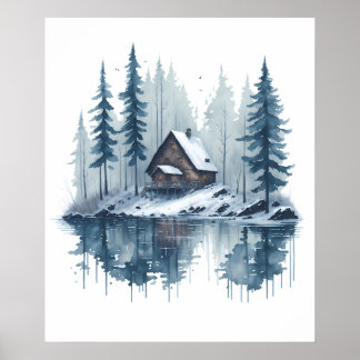 Poster Aquarelle paysage neigeux avec Cabine Lakeside