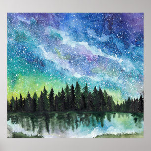 Poster Aquarelle paysage nocturne, Voie Lactée