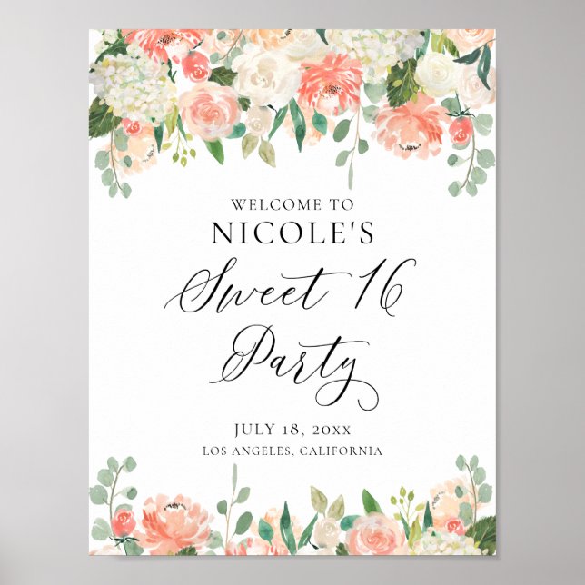 Poster Aquarelle Peaches et crème Sweet sixteen Floral (Devant)