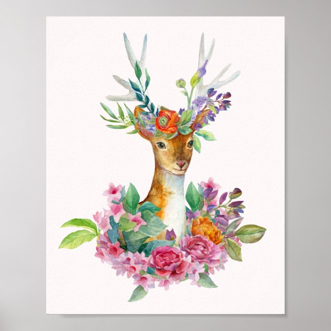 Poster Aquarelle peinte Floral Baby Deer Baby Nursery (Devant)