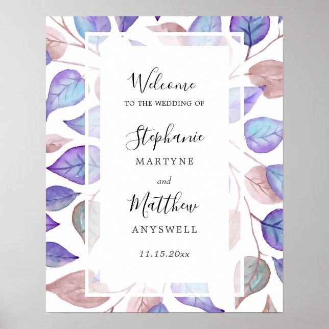 Poster Aquarelle peinte violet Feuille Mariage de feuilla (Devant)