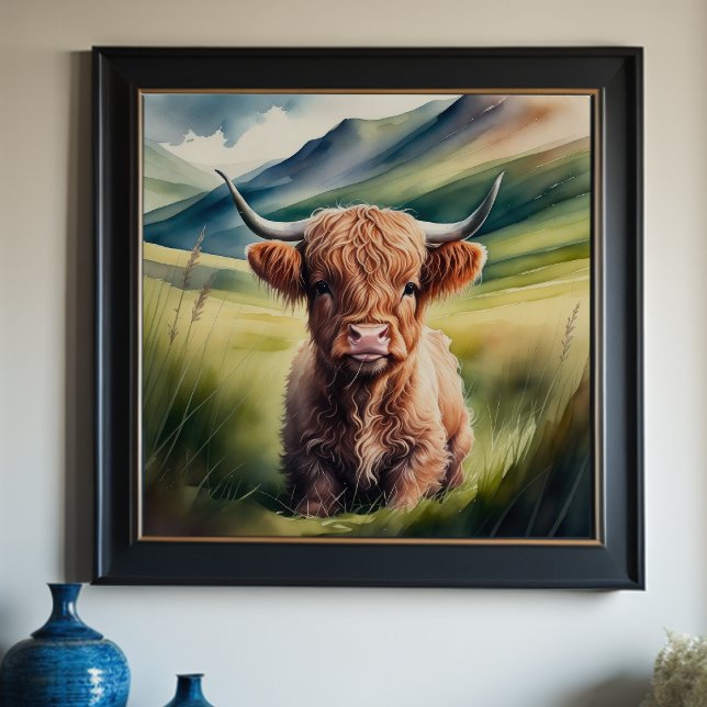 Poster Aquarelle Peinture Baby Highland Vache assis 1:1 (Créateur téléchargé)