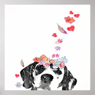 Poster Aquarelle Peinture Beagle Chien Fleurs de couronne