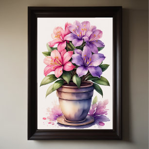Poster Aquarelle Peinture de Azalea en Pot pourpre