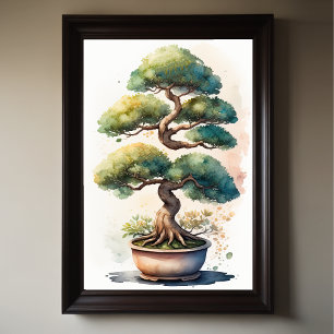 Poster Aquarelle Peinture de Bonsai Tree en Pot